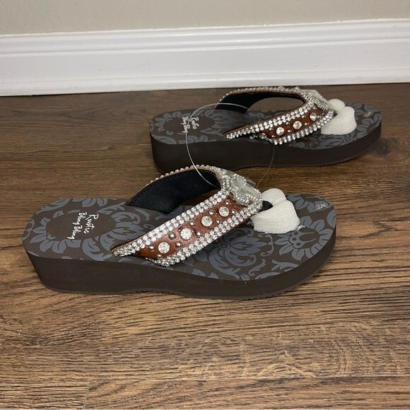Rustic Bling Bling Wedge Flip Flops Brown Rhinestone Sandals XL- Brand New - Picture 6 of 13